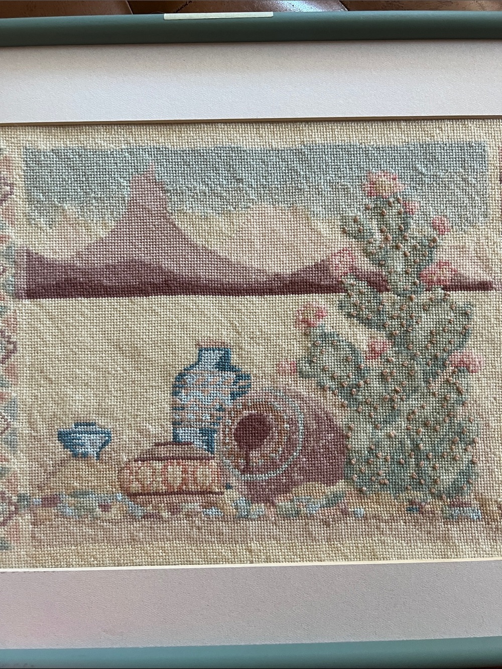 Beautiful Framed Desert Still Life Tapestry Wall Art in Muted Pink and Sage
